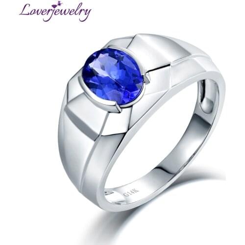 LOVERJEWELRY Ring Man Solid 14K/AU585 White Gold Natural Tanzanite Mens Wedding Ring Oval Tanzanite Gemstome Fine Jewelry