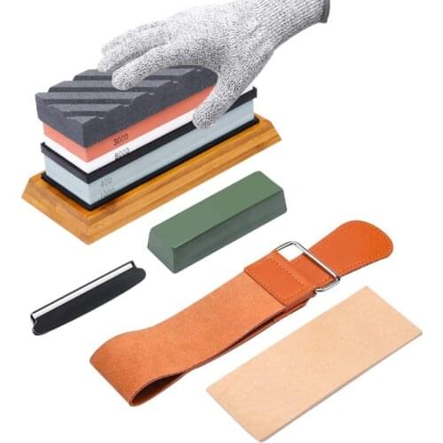Knife Sharpening Stone Kit Gloves Double-Sided Sharpening Stone Sharpening Clamp Knife Stone Bamboo Base 400/1000/3000/8000 mesh