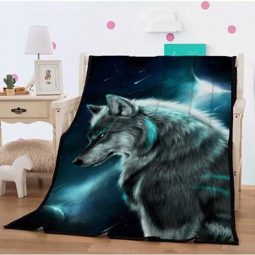 Thumbedding Wild Animal Flannel Blanket 3D Wolf Starry Sky Throw Blanket Aggressive Home Deco Soft Touching Bedspread
