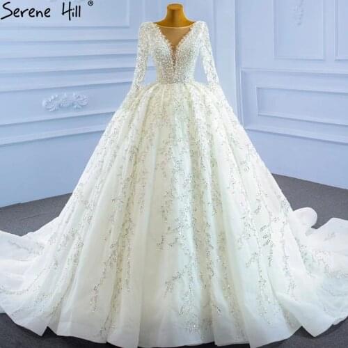 Serene Hill Muslim Ivory Luxury Wedding Dresses 2021 Beading Pearls Lace Up Bridal Dress HM67260 Custom Made