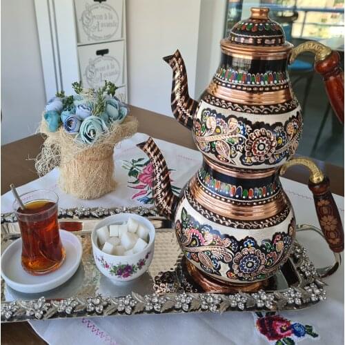 Handmade Turkish Copper Teapot 2021 Summer and Winter Kitchen Tea Set Wood Handle Traditional Tea coffee kettle 4 pcs