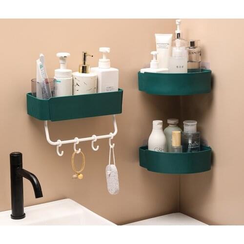 Corner Bathroom Organizer Shelf Shampoo Storage Rack Wall Mounted Kitchen Shelf with Hooks Household Items Bathroom Storage
