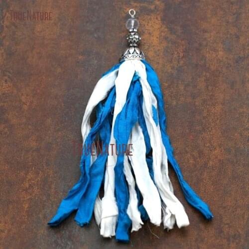 Vintage While Blue Recycled Handmade Sari Silk Charm Antique Silver Caps Delicate Faceted Beads Accent 6.8 inch PM7926