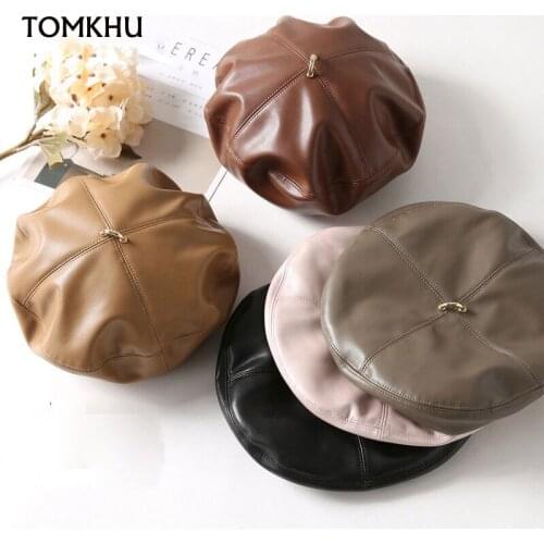 TOMKHU PU Leather French Beret Hat Warm Cap Artist Painter Cap Classical Solid Color Women Beanies Winter Hat Adjustable
