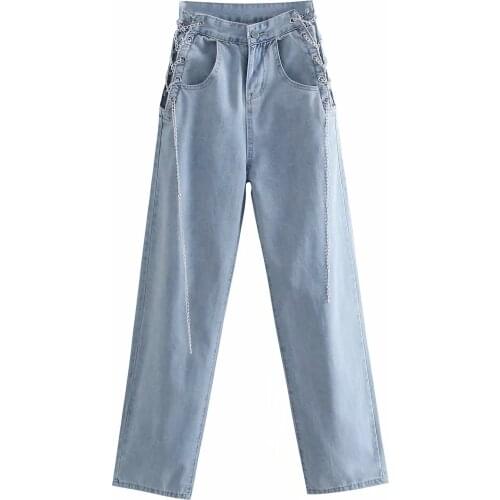 2021 women Soft Comfort Straight Cylinder Jeans full length High waist Chain denim pants pocket Light Blue fashion Trousers Lady