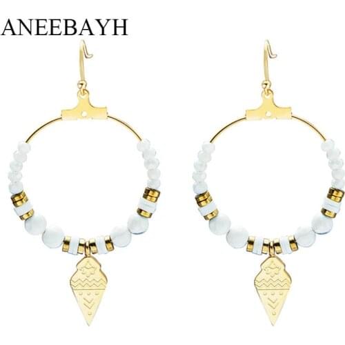 Handmade Full Natural Stone Beaded Circle Dangle Earrings For Women Boho Stainless Steel Geometric Texture Charm Drop Earrings