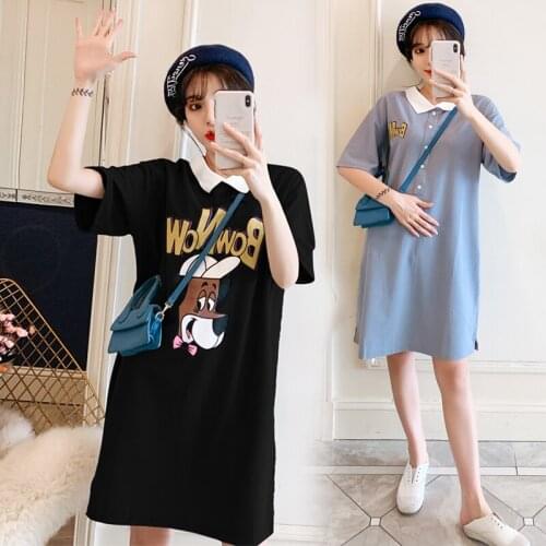 813# Maternity Dress Summer Cotton Turn Down Collar T shirt Cartoon Short Sleeves Loose Stylish Dress Pregnant Women Mom Dress