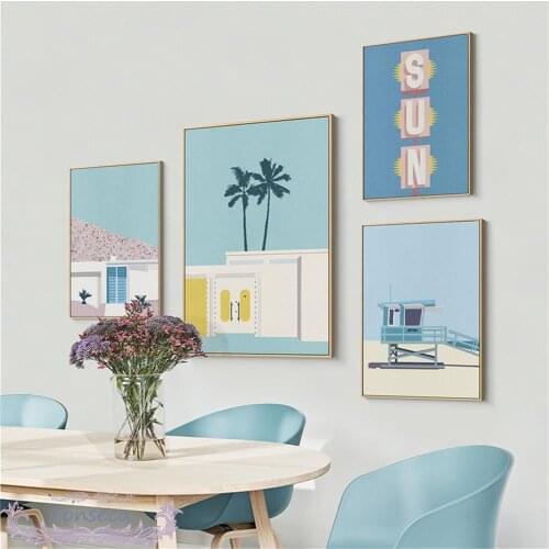 Abstract Fresh Illustration Architecture Mountain Palm Tree Landscape Poster Nordic Pink Blue Sun Quotes Canvas Painting