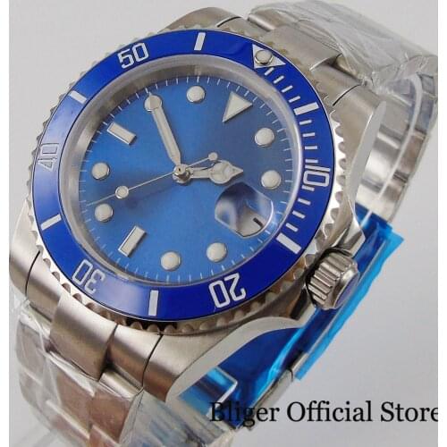 BLIGER Blue Dress SUNBURST 24 Jewels NH35 MIYOTA 8215 Mechanical Men Wristwatch Unidirectional Rotaitng Bezel Date Metal Band