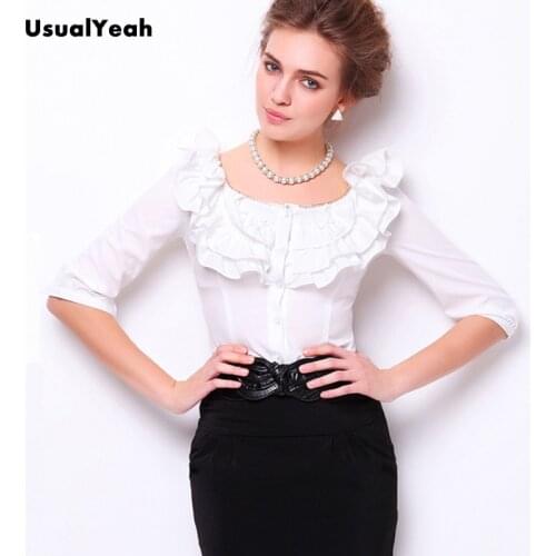 2018 Women Fashion Office Ruffles Blouse Solid Round Neck Backless Body Shirt Half Sleeve Metal Chains Design Work Shirts S-XL