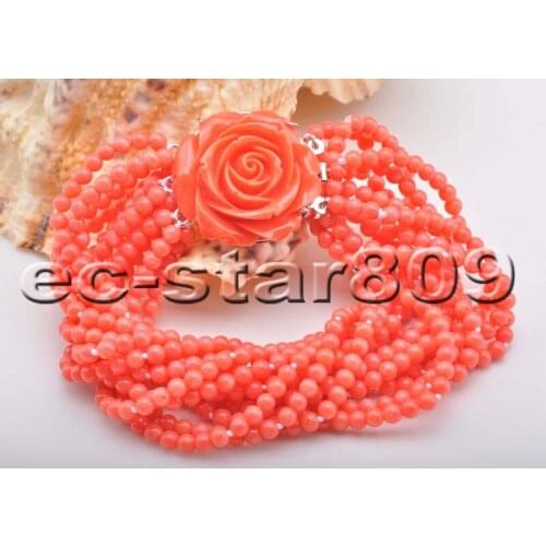 S2203 12Row 8" 4mm Pink round Coral bead Bracelet Flower