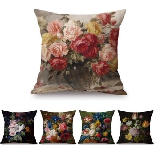 Oil Painting Flower Floral Art Home Decorative Sofa Throw Pillow Case Cotton Linen Square Car Pillow Chair Cushion Cover 45x45cm