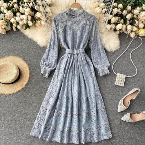 Elegant Women Lace Dress Sweet Stand Collar Hollow Out Slim Long Sleeve Midi Long Dress 2021 Spring High Waist Party Vestidos