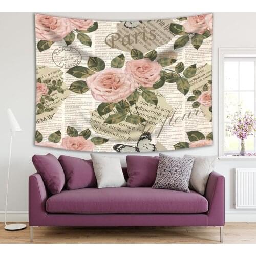 Tapestry Butterflies Pink Roses with Green Leaves Image on Torn Newspaper Paris Romantic Decorative Postcard Style Art Printed