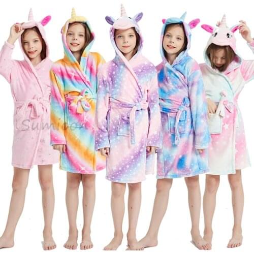 Kids Colar Fleece Unicorn Hooded Bathrobe Childrens Dressing Gown Bath Robe Kugurumi Animal Sleepwear For Girls Boys Pyjamas