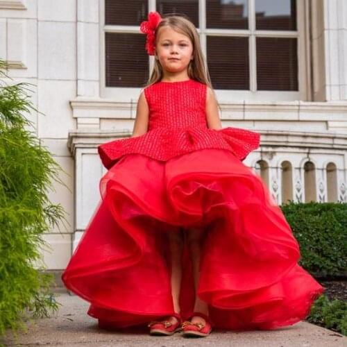 Custom Red Tulle Girl Dress Shiny Top Flower Girls Dresses Baby Girls Party Princess Christmas Gown Birthday Outfits