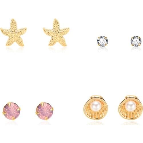 New Rhinestone imitation Pearl Earrings For Women Girls Tiny Ear Studs Pendientes 4 Pair/Set Starfish Earrings Studs Brincos