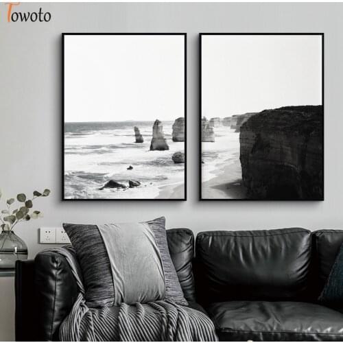 Coastal Wall Art Black and White Beach Poster Ocean Waves Canvas Painting Seascape Print Wall Paintings Picture Nautical Decor