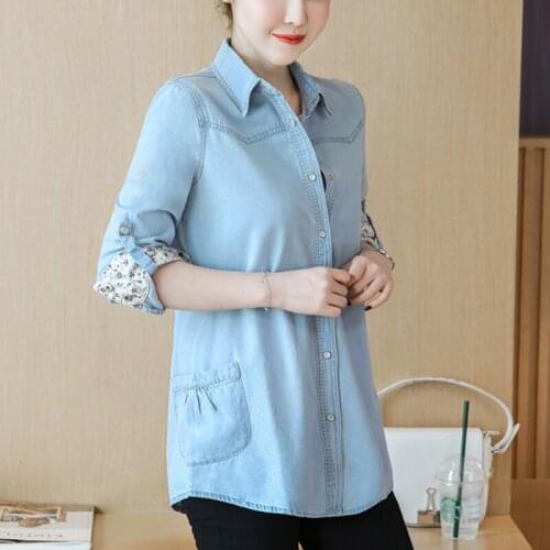 Casual Pockets blue plus size denim button up collar shirt women spring fall 2021 fashion long sleeve jeans tops C142