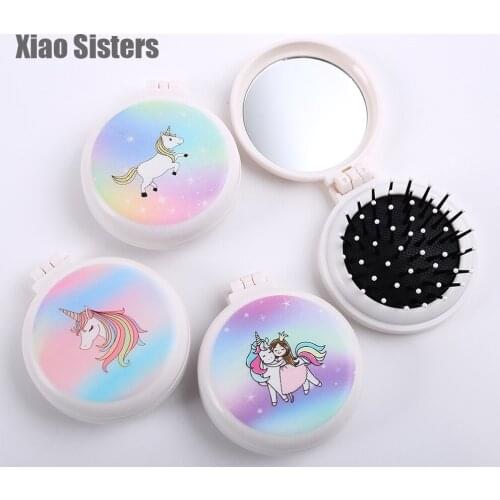 Portable Round Pocket Comb Small Size Travel Airbag Massage Unicorn folding comb Girl Hair Brush With Mirror Styling Tools