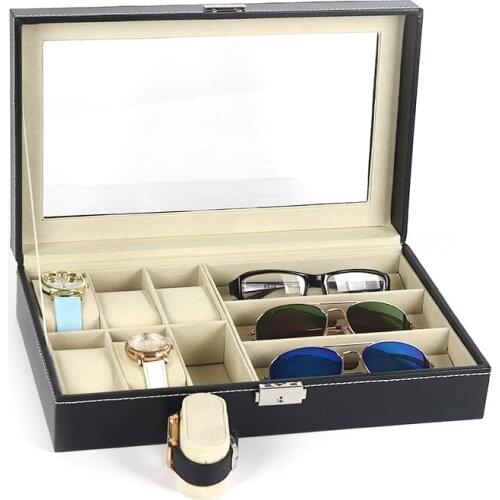 6+3 Grids Luxury PU Leather Watch Box Watch Glasses Display Storage Box Case Jewelry Eyeglasses Sunglasses Holder Organizer Gift