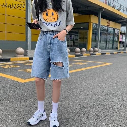 Shorts Women Solid Denim Hole Vintage Plus Size 4XL Straight Boyfriend Cool Casual High Street Slim Fashion Chic Ladies Summer