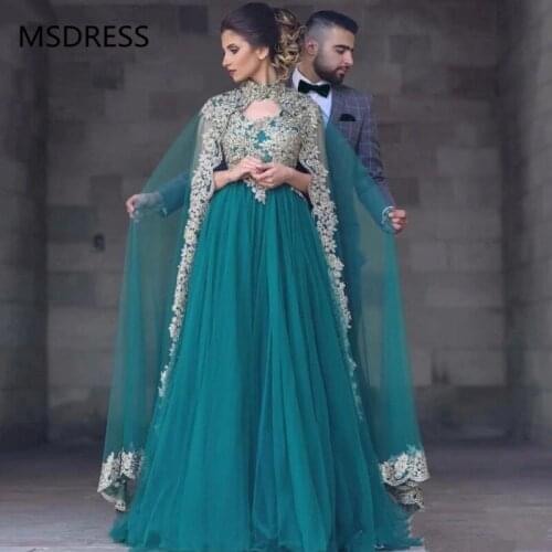 Green Muslim Evening Dresses 2019 A-line V-neck Tulle Appliques Beaded Islamic Dubai Saudi Arabic Long Elegant Evening Gown