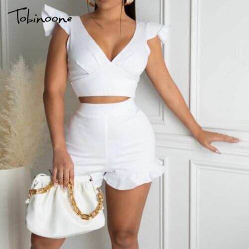 Tobinoone Ruffle White Crop Top And Shorts Two Piece Set Women V Neck Backless Ruched Bodycon Sets Summer Casual Sexy 2piece Set