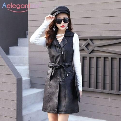 Aelegantmis High Quality Plus Size 4XL PU Leather Womens Vest Long Trench Coat Female Sleeveless Waistcoat Faux Leather Blazer