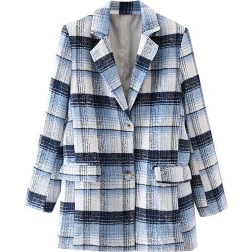 Autumn Winter Woolen Wool Blends Overcoat Women Elegant Plaid Vintage Long Sleeve Jacket And Coat Female White Blue Outerwear