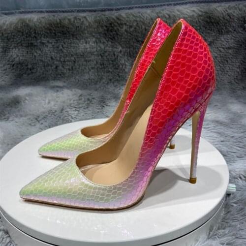 Snake color red white pointed toe high-heeled exquisite elegant single shoes 12cm high heel ladies party shoes QP120 ROVICIYA