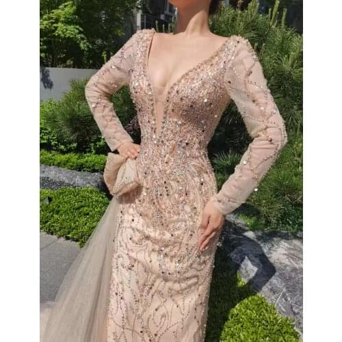 Gold Gowns Fashion Ladies Evening Dresses Long Luxury 2020 Host Dress Mermaid Beading Prom1596