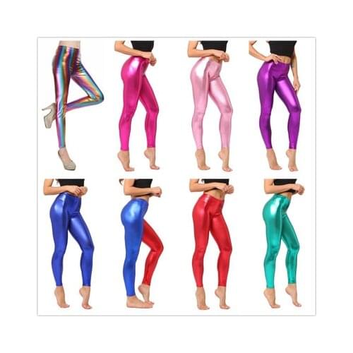 2021 Ladies Silver Metallic Shiny Laser Leather Leggings Women Candy Color