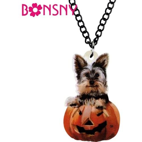 Bonsny Acrylic Halloween Pumpkin Yorkshire Dog Necklace Chain Animal Pets Choker Pendant Jewelry For Women Teens Charms Gifts