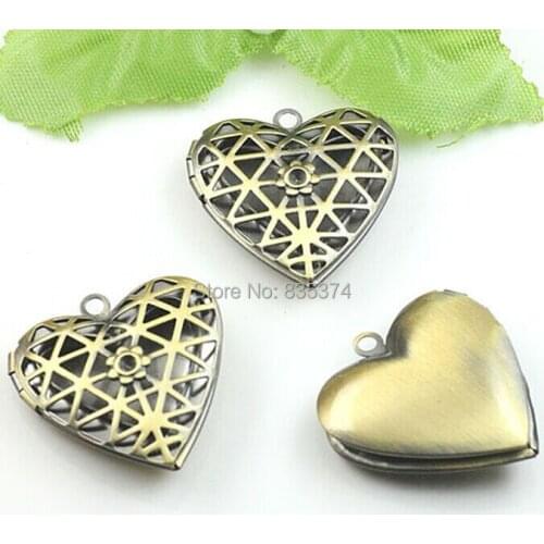 100pcs ANTIQUE BRONZE 29*27mm Heart-Shaped Filigree Mesh Face Lovely Photo Locket Frame For DIY Charm & Pendant Necklace