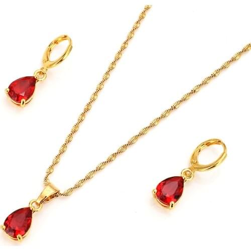 Bangrui Lovely Waterdrop red stone Pendant Necklace Earrings Set Gold wedding bridal Trendy Party Jewelry Sets For Women Gift