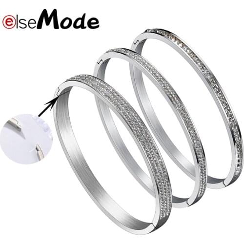 ELSEMODE Trendy Cubic zirconia Cuff Bangle Stainless Steel Three Row Sparkling Crystal Love Bracelet For Women Girl Jewelry Gift