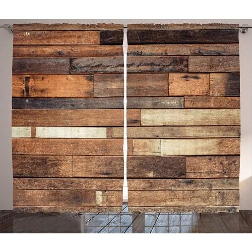 Wooden Curtains Rustic Floor Planks Print Grungy Look Farm House Country Style Walnut Oak Grain Image Living Room Bedroom Decor