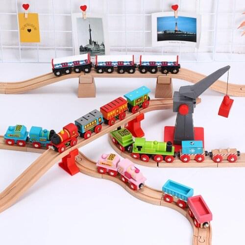 Wooden train with 2 sections of track can be connected to wooden train track toy childrens puzzle hand push delicate toy car