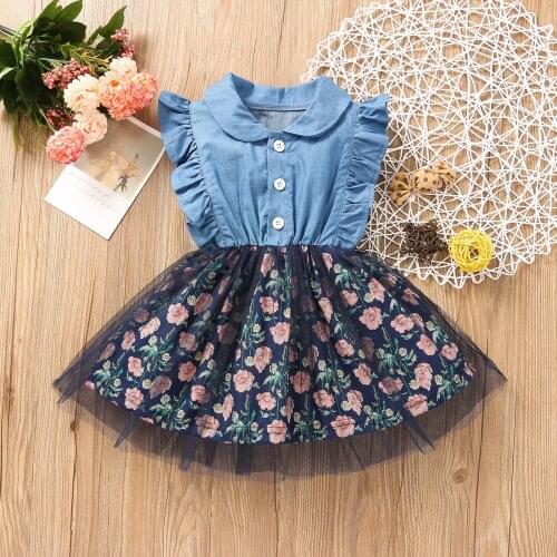 Children Floral Print Denim Dress with Ruffles Girls Sleeveless Lapel Neck High Waist Mesh Sundress Bow Party Dress