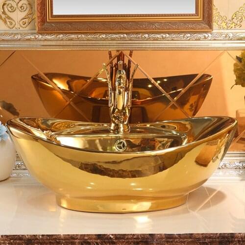 Europe Vintage Style Ceramic Washing Basin Bathroom Counter top Bathroom Sink hand washbasin oval golden