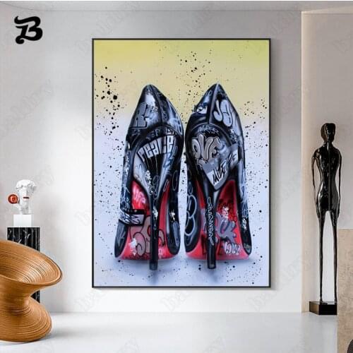 High Heels Art Canvas Painting Wall Art Colorful Graffiti Posters Prints Womans High Heels Shoes Wall Pictures for Living Room