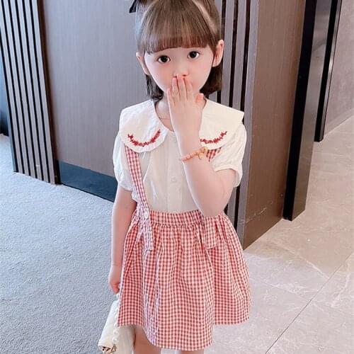 Toddler Girls Clothing Set New Kids Fashion Summer Peter Pan Collar Short Sleeve Blouse+Plaid Strap Skirt Childrens Set 2-7Yrs