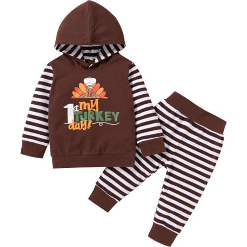 0-24M Infant Baby Boy Girl 2Pcs Clothing Set Long Sleeve Turkey Printed Hooded Top Striped Long Pants