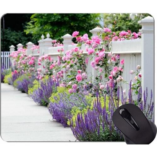 Natural Rubber Mouse Pad Printed with Fence rose rose bush lavender -Stitched Edges