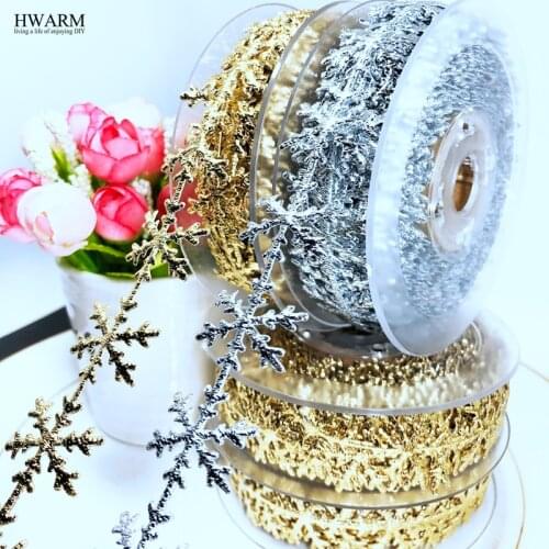 6pcs 2.5cm Imitation Gold Silver Snowflake ribbon lace Christmas decoration DIY ultrasonic embossing ribbon gift packaging laces