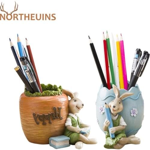 NORTHEUINS Resin Cute Rabbit Pen Holder Storage Figurines Home Decor Nordic Modern Creative Office Study Desktop Ornament Statue