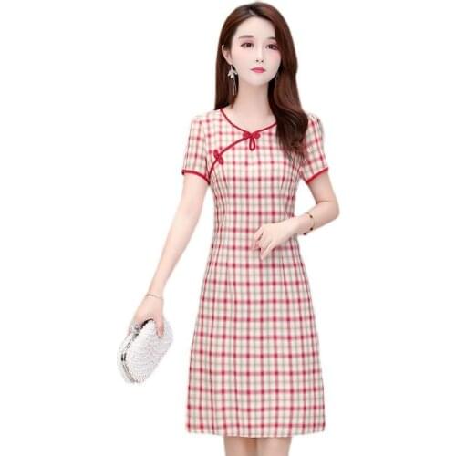 Chinese style modified cheongsam summer Plaid slim dress