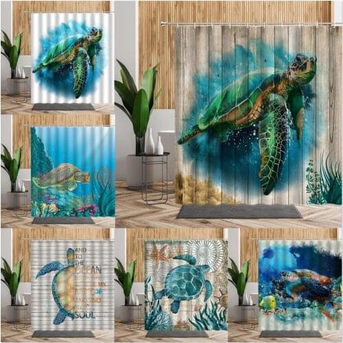 Ocean Turtle Wood Grain Shower Curtain For Bathroom Decor Blue Sea Wooden Creative Printing Waterproof Bath Fabric Curtains Sets