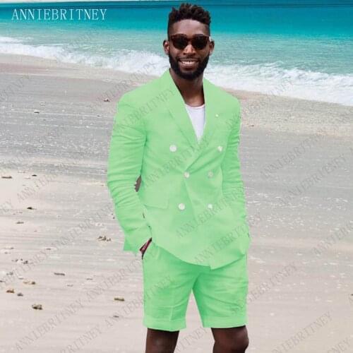 ANNIEBRITNEY Summer Mens Suits With Short Pants 2019 Stylish Double Breasted Casual Slim Fit Male Blazer Sets Linen Prom Tuxedos